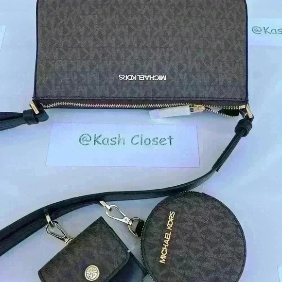 Michael Kors Tech Attach Crossbody Coin Purse Airpod Case MK Signature Blk Brn - Picture 4 of 5